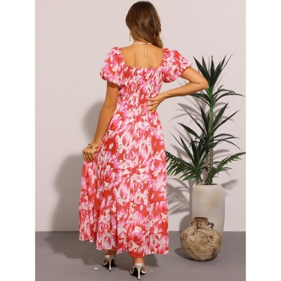 Женские платья INSPIRE CHIC Women's Floral Square Neck Puff Short Sleeve High Waist Smocked Back Flowy Tiered Maxi Dress Pink X-Small — фото 3