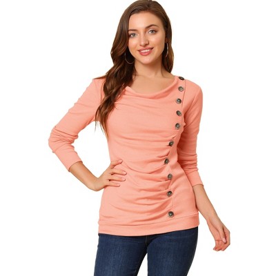 Allegra K Women's Cowl Neck Long Sleeves Buttons Decor Solid Ruched Top