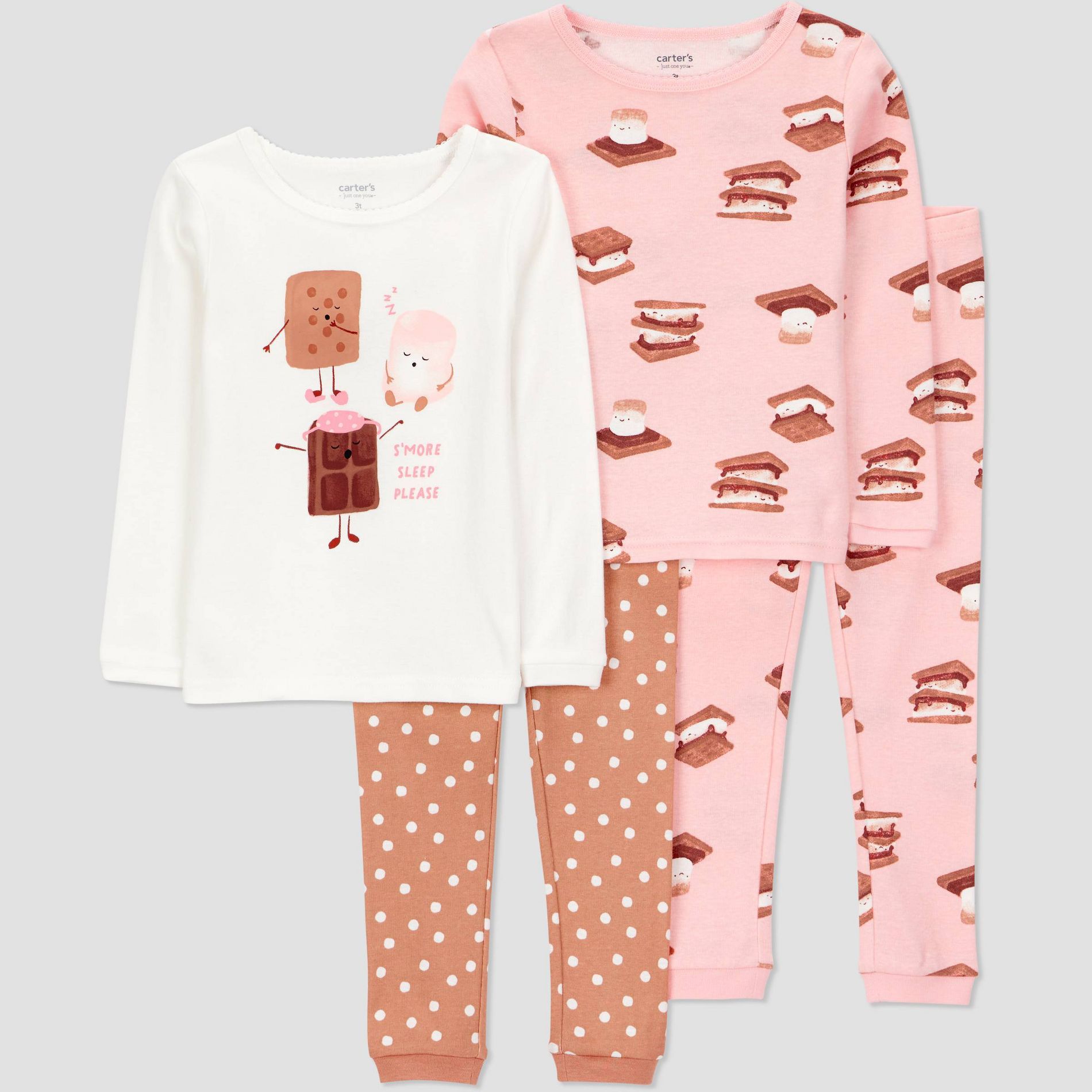 Carter's Just One You® Toddler Girls' 4pc Cotton Long Sleeve Smores Pajama Set - Ivory/Brown/Pink 3T