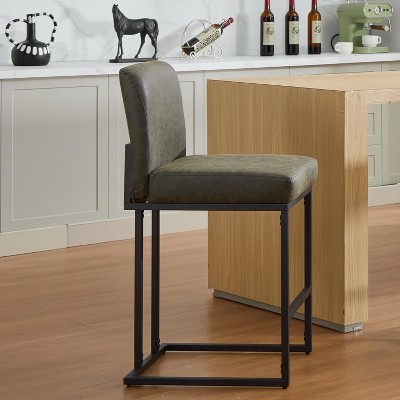24" Counter Height Bar Stools, Modern PU Leather Barstools with Back and Metal Legs for Kitchen Island, Upholstered Bar Chairs, Dark Grey