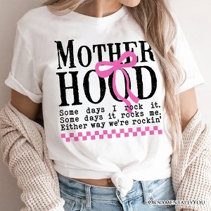 Motherhood Coquette Pink Bow T-Shirt, Retro Checkered White Tee for Sassy and Stylish Moms| OrnamentallyYou - 1 of 4