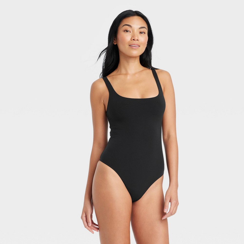 Women's Luxe 4-Way Stretch Tank Bodysuit - Auden™ Black M: Nylon Spandex Pullover, Scoopneck, Snap Closure