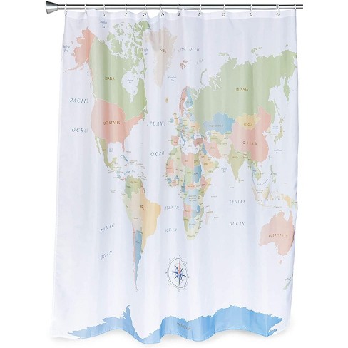 World Map Shower Curtain Set With 12, Do Plastic Shower Curtains Cause Cancer
