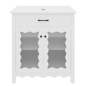 Vynxaria 31 Inch Bright White Tempered Glass Curved Bathroom Vanity with Ceramic Sink One Complete Unit Soft Close Doors Adjustable Shelves - 1 of 4