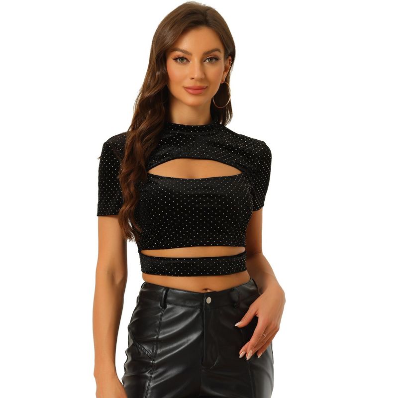 Allegra K Women's Velvet Sparkle Mock Neck Party Fitted Cut-Out Glitter Crop Top, 1 of 6