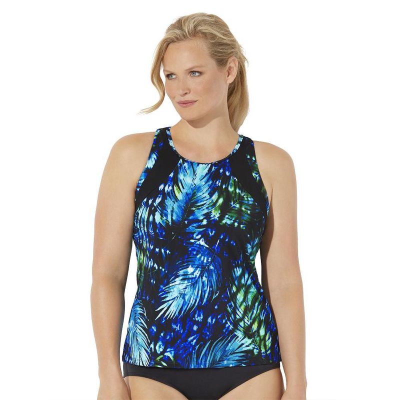 Swimsuits for All Women's Plus Size Chlorine Resistant High Neck Racerback Tankini Top, 1 of 2