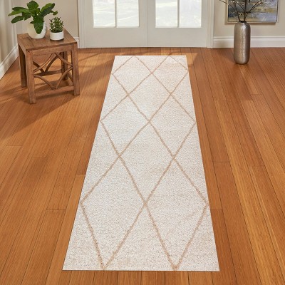 Ivory Diamond Pattern Tufted Shag Runner Rug