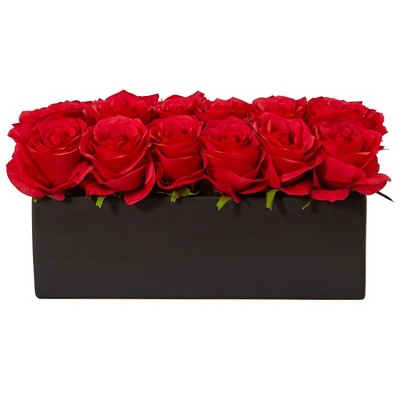 Nearly Natural 6-in Dozen Silk Roses in Ceramic Rectangular Planter