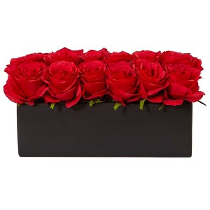 Nearly Natural 6-in Dozen Silk Roses in Ceramic Rectangular Planter - 1 of 4