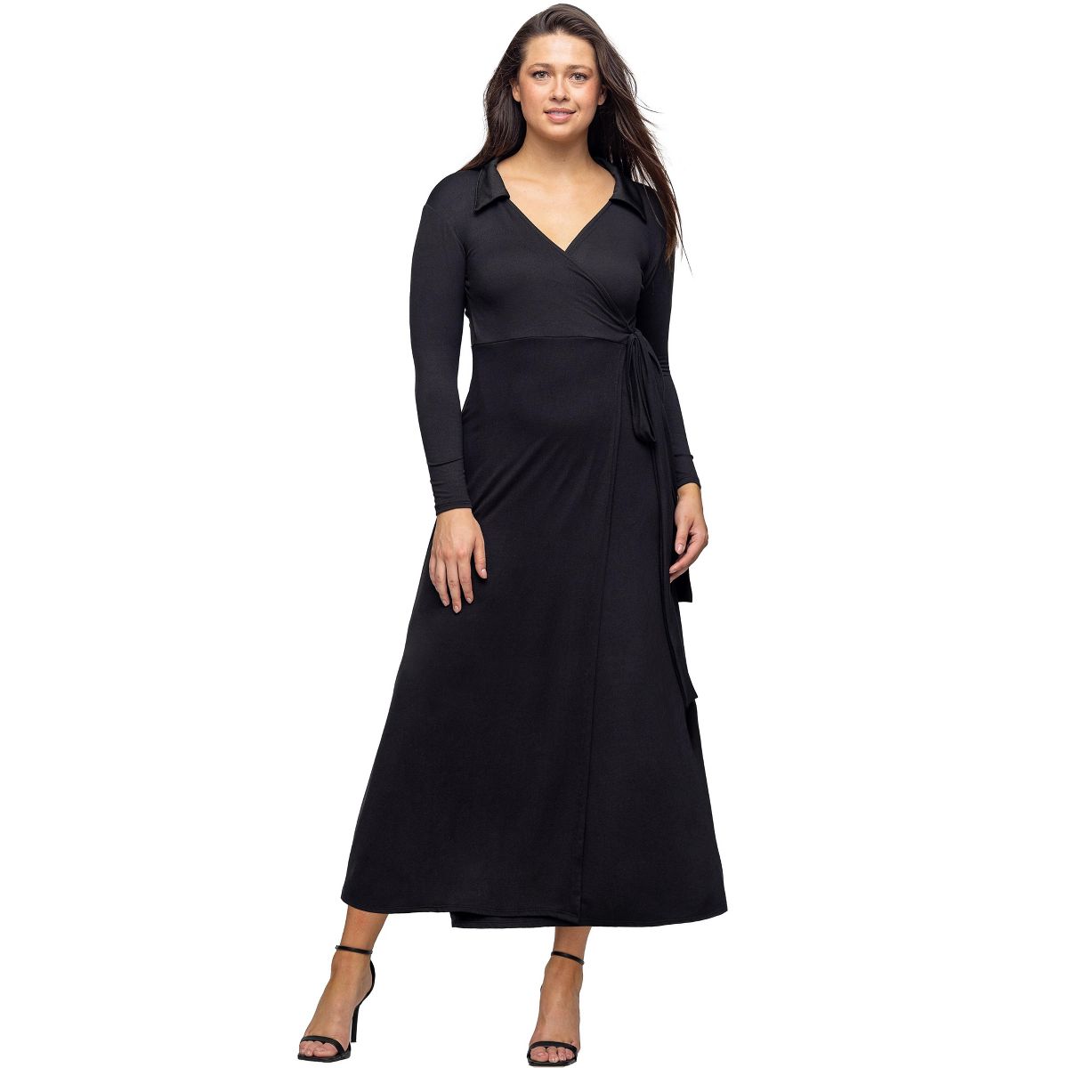 Womens V-Neck Long Sleeve Collared Wrap A-Line Maxi Dress - 24seven Comfort Apparel™