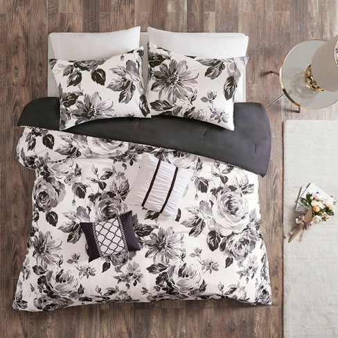 Full Queen 5pc Hannah Floral Print Comforter Set Black White Target