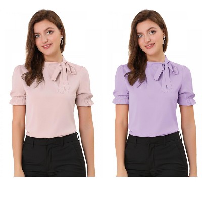 Allegra K Women's Elegant Bow Tie Neck Elastic Cuffs Office Short Sleeve Blouse 2 Pcs