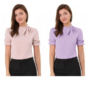 Allegra K Women's Elegant Bow Tie Neck Elastic Cuffs Office Short Sleeve Blouse 2 Pcs - 1 of 4