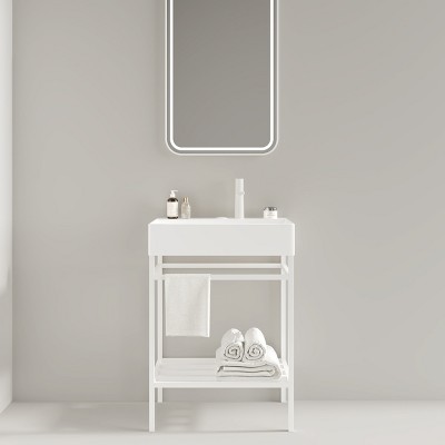 Bathroom Floor Cabinet,Bathroom Vanity With Ceramic Basin And Open Metal Leg And Storage Shelf,Freestanding Bathroom Furniture-Cuddlewood