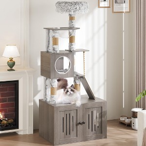 All-in-One Cat Furniture with Flush Nest，Cat Tree with Litter Box Enclosure，Space Capsule and Sisal Rope for Living Room, Grey - 1 of 4