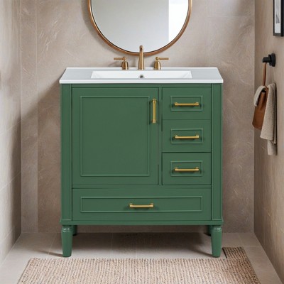 30" Bathroom Vanity with Ceramic Sink, Soft-Close Door with Built-in Shelf, Deep Drawer, Standard Drawer, Long Divider Drawer - Leovsnove