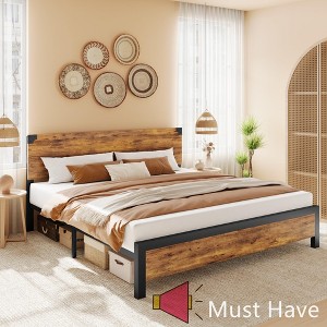 Jojoka Bed Frame With 4 Storage Drawers, Stylish Metal Platform Bed With Wooden Headboard, Noise Free, No Box Spring Needed,Easy Assembly - 1 of 4