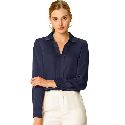 Allegra K Women's Elegant V Neck Long Sleeve Office Work Satin Blouse Navy  Blue Large