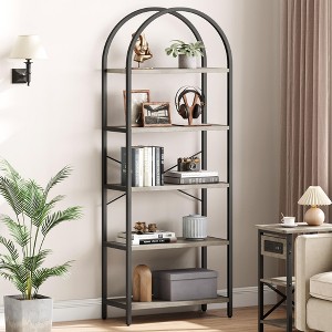 Bookshelf 5 Tier Bookcase Arched Display Racks Tall Standing Bookshelves Metal Frame Open Storage Rack Shelf Large Black Book Shelf for Bedroom - 1 of 4