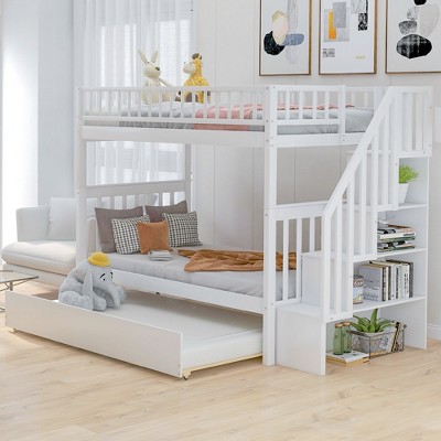 Twin Over Twin Bunk Bed,Solid Wood Bedframe With Trundle And Staircase For Kids/Teens Grown-ups, Multi-bed Design For Small Units With Storage Space