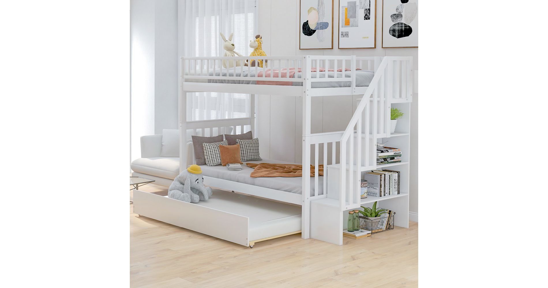 Twin Over Twin Bunk Bed,Solid Wood Bedframe With Trundle And Staircase For Kids/Teens Grown-ups, Multi-bed Design For Small Units With Storage Space