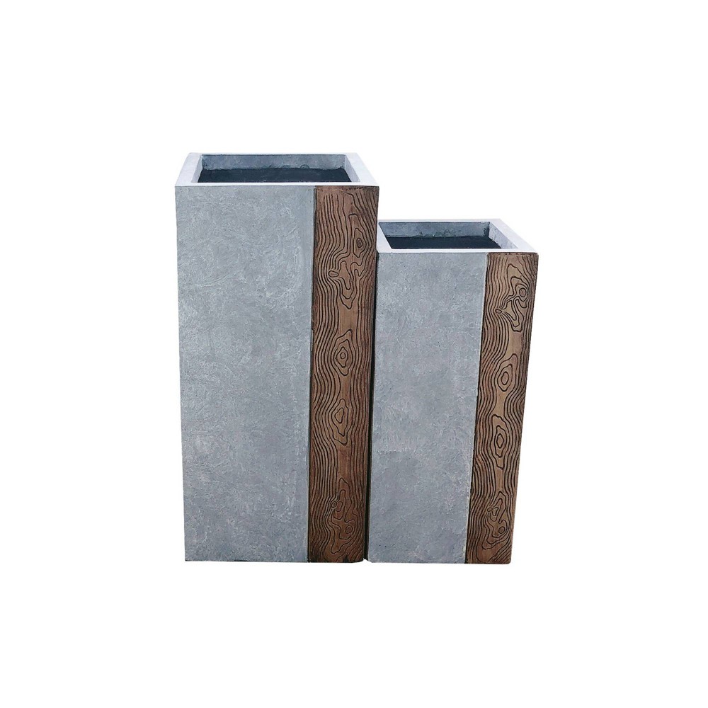 Photos - Flower Pot 2pc Square Concrete/Fiberglass Planters UV-Weather Resistant Eco-Friendly