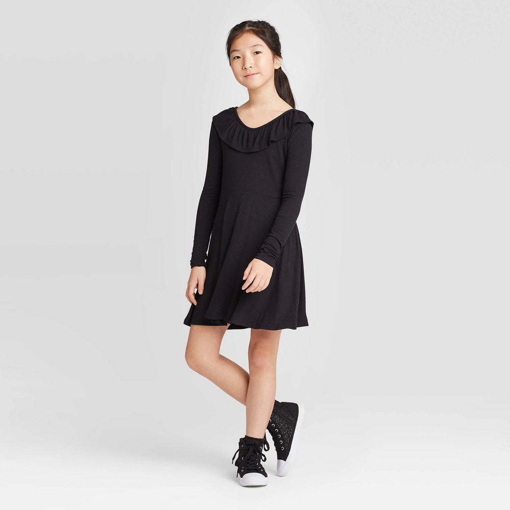 Girls' Long Sleeve Rib Ruffle Neck Dress - art class Black L, Girl's, Size: Large was $16.99 now $5.94 (65.0% off)