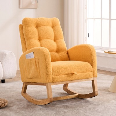 JUJABU High-Back Plush Accent Rocking Chair with Footrest, Rubber Wood Base, Upholstered Glider for Nursery or Living Room