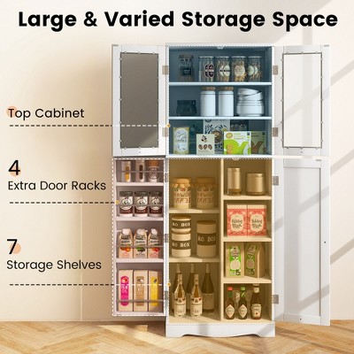 White Tall Kitchen Pantry Storage Cabinet with Glass Doors