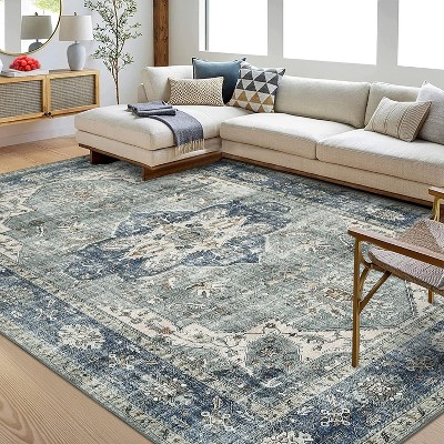 Washable Vintage Medallion Area Rug Non Slip Backing Stain Resistant & Low Pile Carpet for Bedroom Living Room Dining Room Bedroom