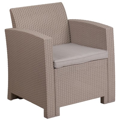 Merrick Lane Outdoor Furniture Resin Chair Light Gray Faux Rattan Wicker Pattern Patio Chair With All-Weather Beige Cushion