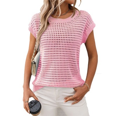 Womens Lightweight Crochet Sweater Tops for Summer Semi Sheer Cap Sleeve Crew Neck Pullover Sweater Vest Hollow Out Sweater Summer Tops