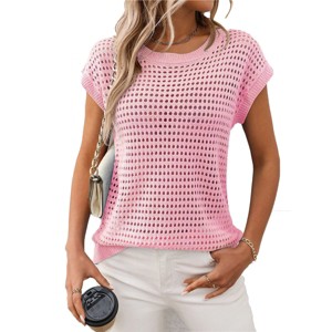 Womens Lightweight Crochet Sweater Tops for Summer Semi Sheer Cap Sleeve Crew Neck Pullover Sweater Vest Hollow Out Sweater Summer Tops - 1 of 4