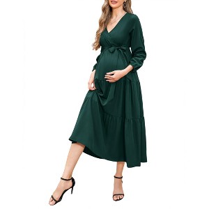 V-neck flared sleeve short sleeved long maternity dress - 1 of 1