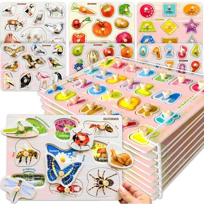 QUOKKA Wooden Puzzle Set with Rack for Toddlers 1 2 3 - Learning Alphabet, Numbers and Animals Toy Puzzles for Toddlers - 8XSET | 6XET