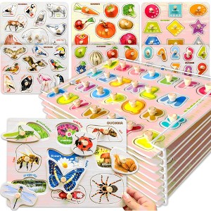QUOKKA Wooden Puzzle Set with Rack for Toddlers 1 2 3 - Learning Alphabet, Numbers and Animals Toy Puzzles for Toddlers - 8XSET | 6XET - 1 of 4
