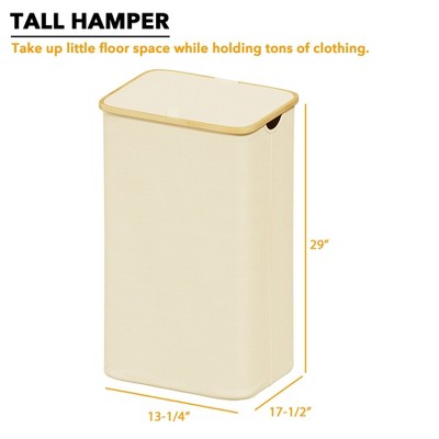 Beige Collapsible Upright Laundry Hamper with Bamboo Handles and Lid