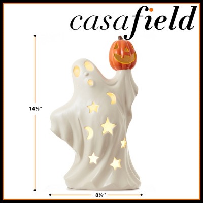 Hand-Painted Ceramic Halloween Ghost with Pumpkin LED Decor