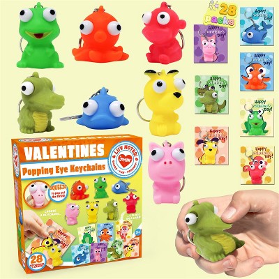 Joyfy 28 Packs Valentine's Day Gift Cards with Popping Eyes Animal Keychain for Kids, Fidget Valentines Toys for Kids School Classroom Exchange Gifts