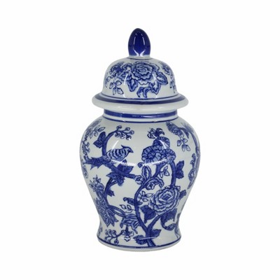 Sagebrook Home 10" Temple Jar - White and Blue Chinoiserie Design - Contemporary Glam Ceramic Temple Jar For Indoor