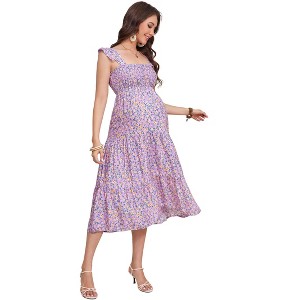 Womens Square Neck Smocked Maternity Dress Flutter Sleeve Summer Maxi Sundress - 1 of 4