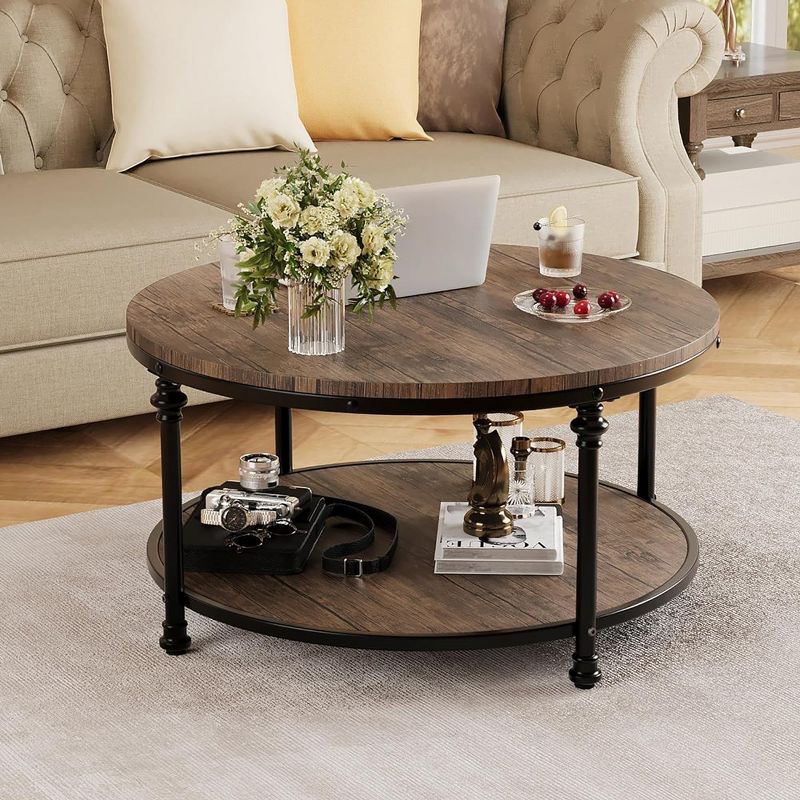 Round Coffee Table Living Room Rustic Center Table with Storage Wood Circle Coffee Table 34"in (Light Walnut), 1 of 7