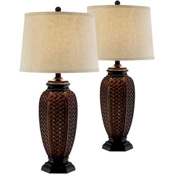 Regency Hill Tropical Table Lamps 29" Tall Set of 2 Weathered Brown Woven Wicker Jar Beige Linen Drum Shade for Living Room Family Bedroom