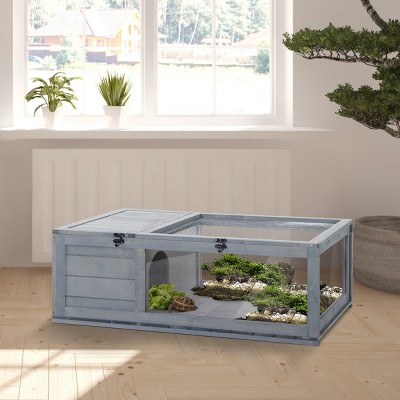 Wooden Tortoise House and Indoor Outdoor Turtle Habitat with Viewing Window and Hide Area Reptile Enclosure for Small Pets - LAOTIES
