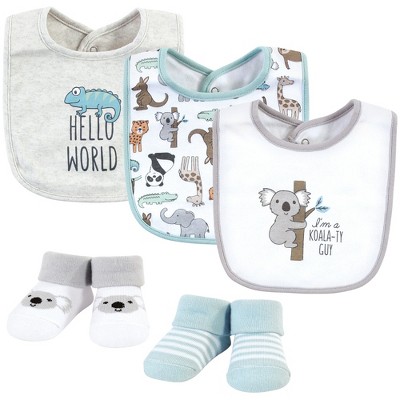 Image of Hudson Baby Infant Boy Cotton Bib and Sock Set, Zoo Animals, One Size