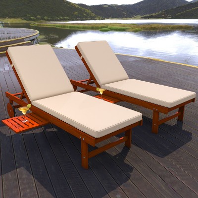 Seabrook 69" Acacia Wood Outdoor Lounger with Cream Cushion and Slide Table
