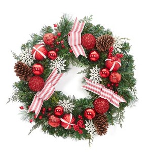 24 Inches Christmas Wreath, Artificial Christmas Wreath for Front Door with 20 Led Lights, Pre-lit Xmas Wreath for Home Holiday Party - 1 of 4