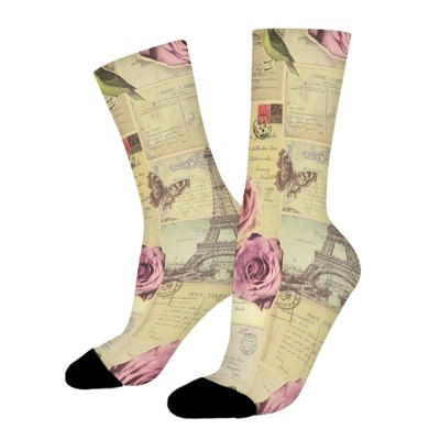 Vintage Eiffel Tower Rose Women Printed Crew Socks Funny Funky Socks Soft Polyester Novelty Gifts for Artists Men