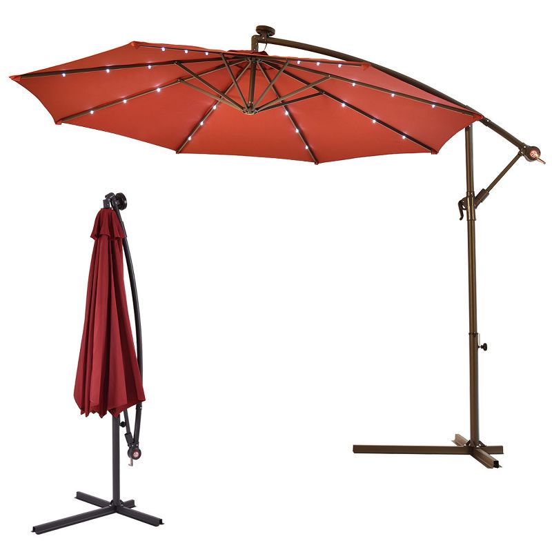 Costway 10' Hanging Solar LED Umbrella Patio Sun Shade Offset Market W/Base Burgundy, 4 of 11