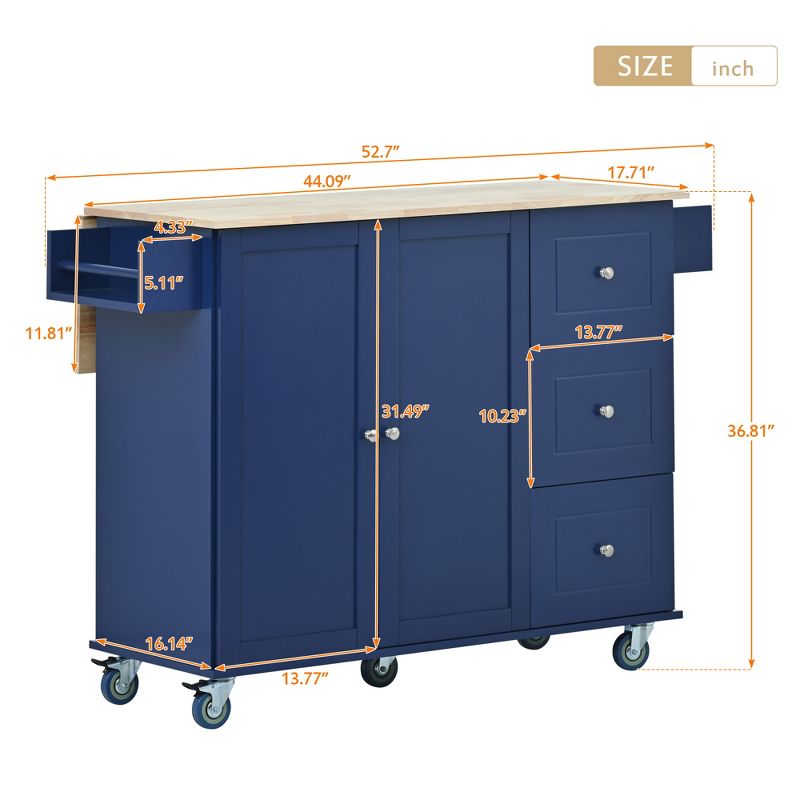 52.7 In. W Mobile Kitchen Island with Drop Leaf Wood Top, Spice Rack and Locking Wheels-ModernLuxe, 3 of 16